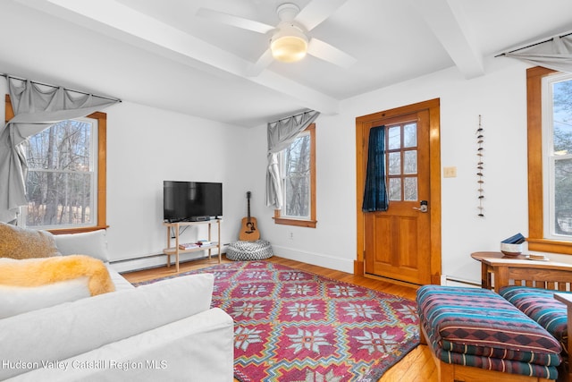 living room featuring beamed ceiling, ceiling fan, wood-type flooring, and baseboard heating