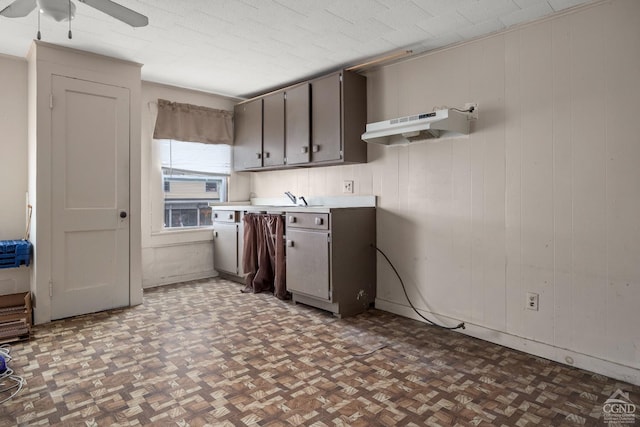 170 County Route 7a Unit 1, Copake, NY 12516 - kitchen featuring under cabinet range hood, ceiling fan, light countertops, and wooden walls
