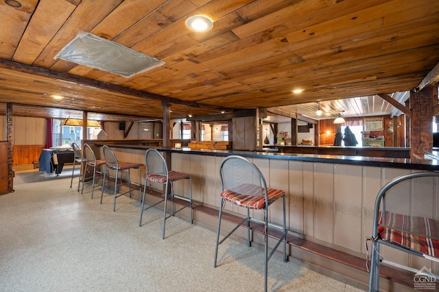 170 County Route 7a Unit 1, Copake, NY 12516 - kitchen featuring wood ceiling, wood walls, a breakfast bar, and dark countertops