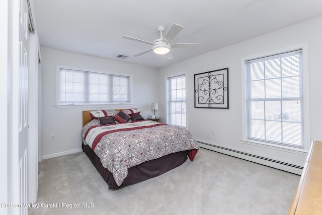 bedroom featuring visible vents, a ceiling fan, carpet floors, a baseboard radiator, and baseboards