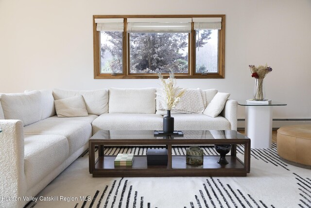 living area featuring a baseboard heating unit