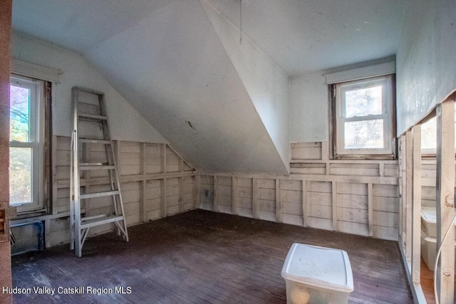 additional living space with dark wood-type flooring and vaulted ceiling