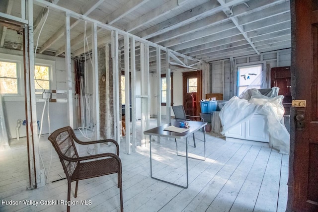 basement with plenty of natural light and light hardwood / wood-style floors