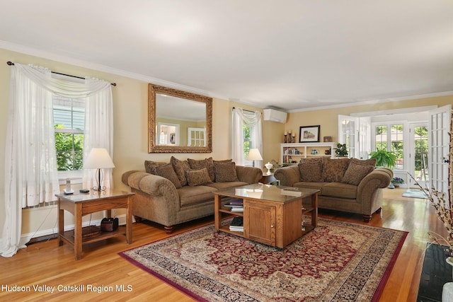 242 N Manor Ave, Kingston, NY 12401 - living room featuring an AC wall unit, healthy amount of natural light, light wood finished floors, and crown molding