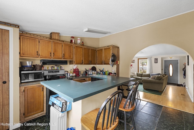 252 Ruby Rd, Kingston, NY 12401 - kitchen with arched walkways, exhaust hood, dark countertops, brown cabinets, and stainless steel microwave