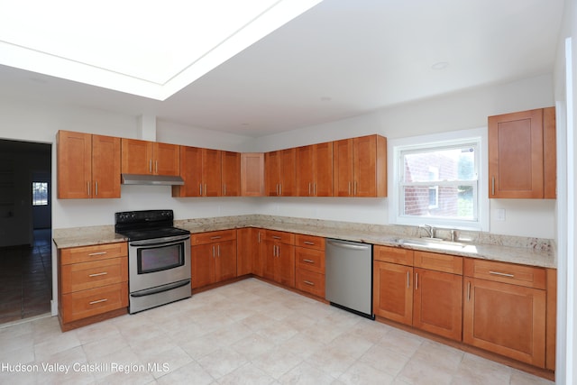 14311 Rte 9w, New Baltimore, NY 12124 - kitchen with a sink, brown cabinets, appliances with stainless steel finishes, and under cabinet range hood