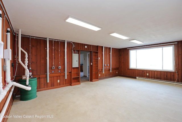 14311 Rte 9w, New Baltimore, NY 12124 - unfurnished room featuring wood walls, electric panel, carpet flooring, and a baseboard radiator