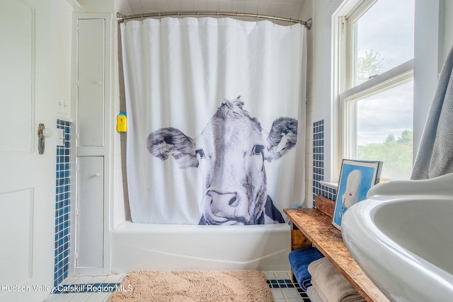 84 Old Rte 82, Hudson, NY 12534 - full bathroom featuring a sink, tile patterned flooring, and shower / tub combo with curtain