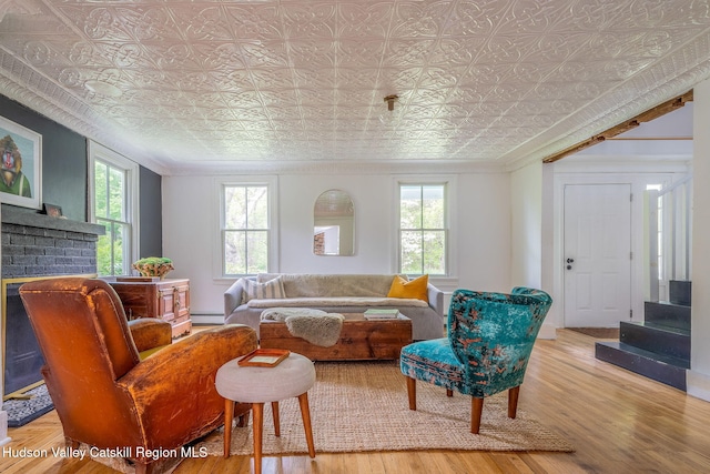84 Old Rte 82, Hudson, NY 12534 - living area featuring an ornate ceiling, wood finished floors, plenty of natural light, a fireplace, and a baseboard radiator