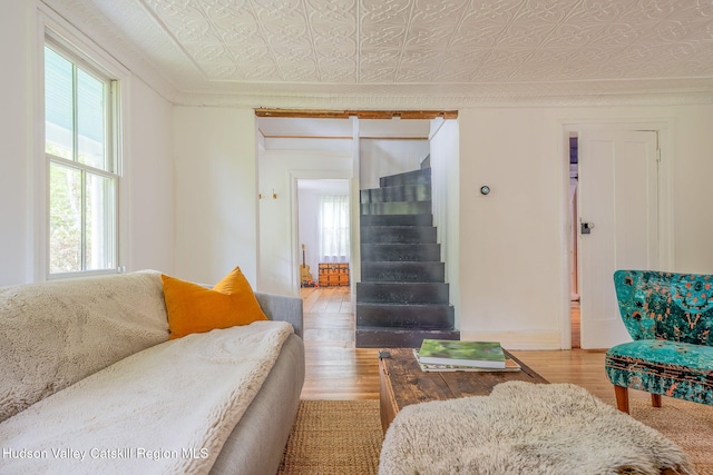 84 Old Rte 82, Hudson, NY 12534 - living room featuring an ornate ceiling, wood finished floors, stairs, and baseboards