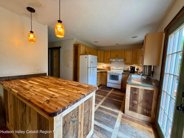 65 Bluebird Ln, Andes, NY 13731 - kitchen with white appliances, under cabinet range hood, a peninsula, hanging light fixtures, and dark wood finished floors