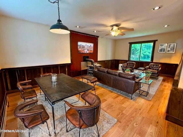 65 Bluebird Ln, Andes, NY 13731 - dining room featuring a wainscoted wall, wood finished floors, ceiling fan, wooden walls, and recessed lighting