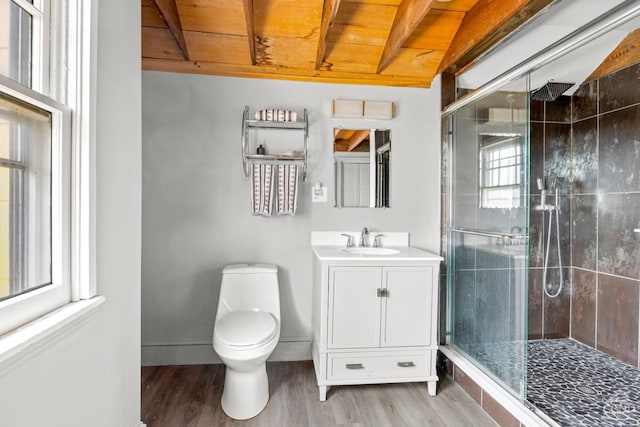 3630 Main St, Stone Ridge, NY 12484 - full bathroom featuring a stall shower, wood finished floors, toilet, and vanity
