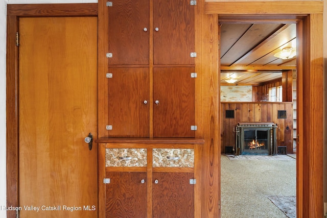 interior details featuring carpet, wooden ceiling, and wooden walls