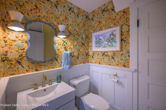 28 Riverview St, Stuyvesant, NY 12173 - bathroom featuring wallpapered walls, a wainscoted wall, and vanity