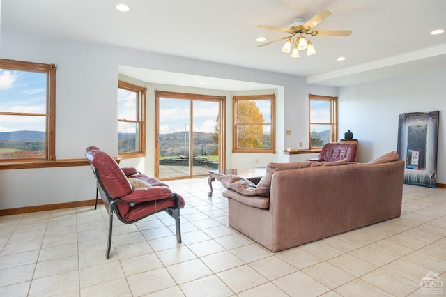 237 Christian Hill Rd, Cooperstown, NY 13326 - living room with a ceiling fan, recessed lighting, light tile patterned floors, baseboards, and a mountain view