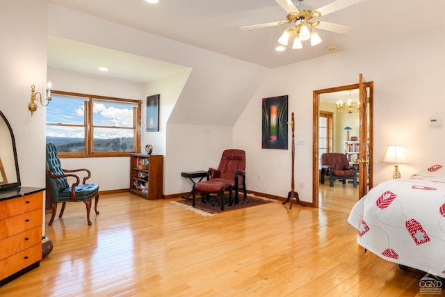 237 Christian Hill Rd, Cooperstown, NY 13326 - bedroom with baseboards, light wood-type flooring, recessed lighting, vaulted ceiling, and a chandelier
