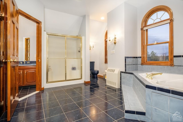 237 Christian Hill Rd, Cooperstown, NY 13326 - bathroom featuring a stall shower, tile patterned flooring, a bath, vanity, and baseboards