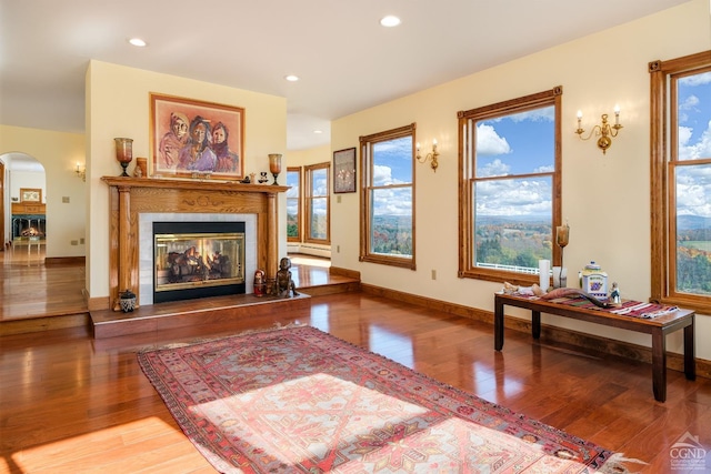 237 Christian Hill Rd, Cooperstown, NY 13326 - living area with arched walkways, wood finished floors, a glass covered fireplace, recessed lighting, and baseboard heating