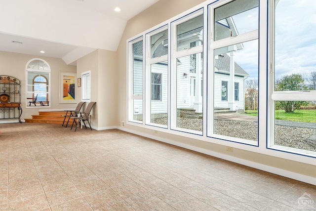 237 Christian Hill Rd, Cooperstown, NY 13326 - empty room with healthy amount of natural light, light tile patterned flooring, baseboards, recessed lighting, and vaulted ceiling