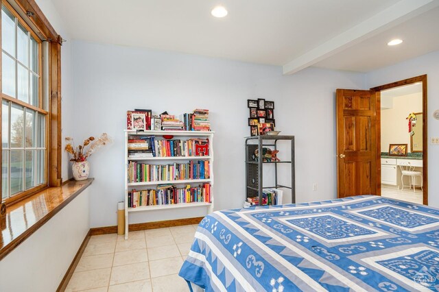 237 Christian Hill Rd, Cooperstown, NY 13326 - tiled bedroom featuring recessed lighting, baseboards, and beamed ceiling