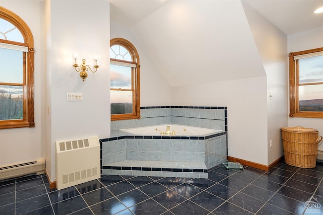237 Christian Hill Rd, Cooperstown, NY 13326 - full bath with radiator, a baseboard heating unit, lofted ceiling, a garden tub, and baseboards