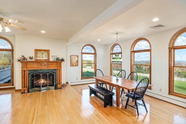 237 Christian Hill Rd, Cooperstown, NY 13326 - dining space featuring baseboard heating, light wood-style flooring, ceiling fan, a baseboard radiator, and recessed lighting