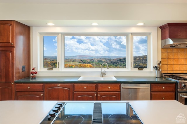 237 Christian Hill Rd, Cooperstown, NY 13326 - kitchen featuring ventilation hood, a sink, stainless steel appliances, tasteful backsplash, and dark countertops