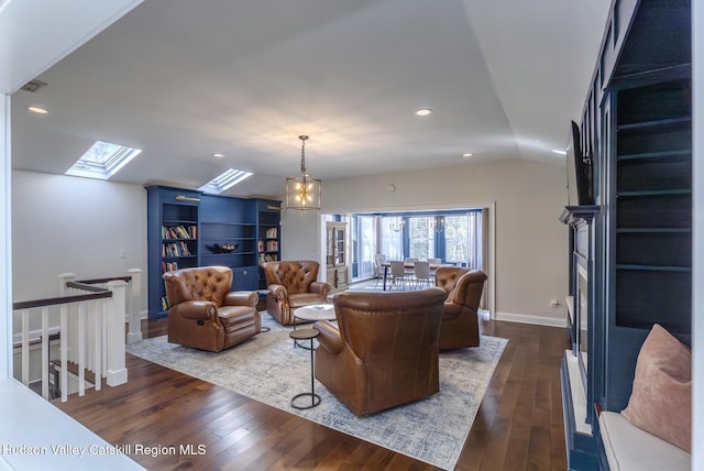 living area featuring vaulted ceiling with skylight, baseboards, dark wood finished floors, and recessed lighting