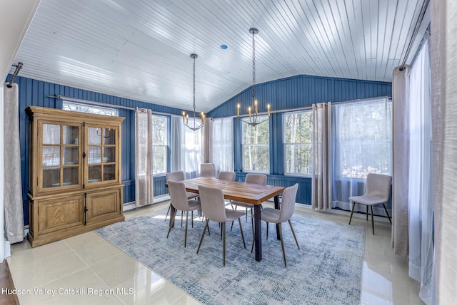 dining space featuring a chandelier, wooden ceiling, light tile patterned flooring, and vaulted ceiling