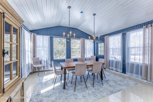 dining area featuring lofted ceiling, plenty of natural light, and a chandelier