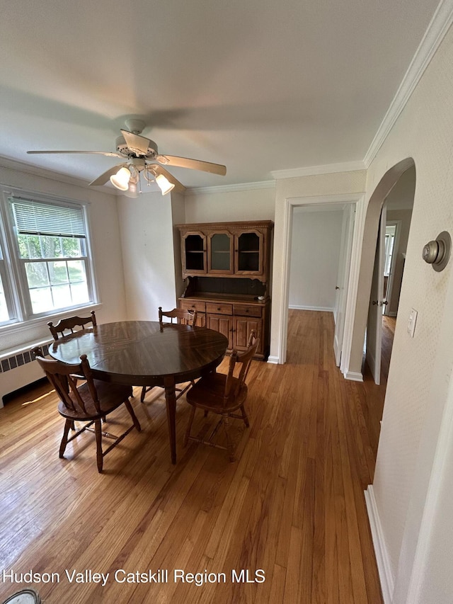 969 Blue Mountain Rd, Saugerties, NY 12477 - dining area featuring arched walkways, light wood-style floors, ornamental molding, and a ceiling fan