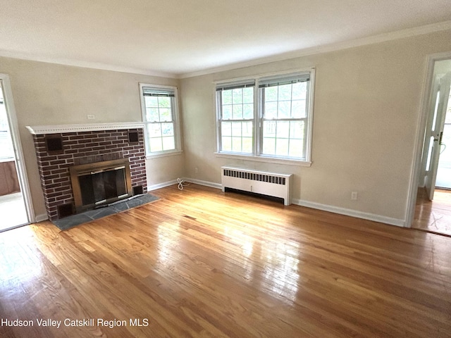 969 Blue Mountain Rd, Saugerties, NY 12477 - unfurnished living room with ornamental molding, wood finished floors, radiator, and a fireplace