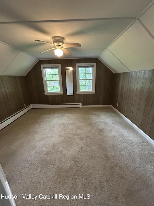 969 Blue Mountain Rd, Saugerties, NY 12477 - bonus room featuring wood walls, healthy amount of natural light, lofted ceiling, carpet floors, and ceiling fan