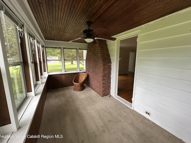 969 Blue Mountain Rd, Saugerties, NY 12477 - unfurnished sunroom with wooden ceiling and a ceiling fan