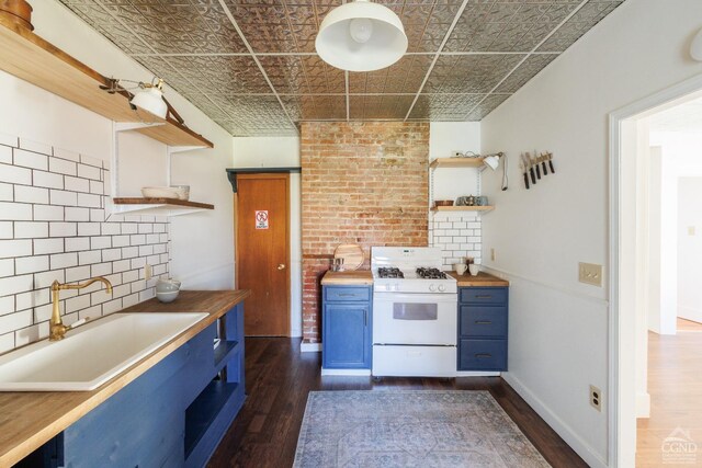 550-552 Columbia St, Hudson, NY 12534 - kitchen with white gas range oven, open shelves, blue cabinets, a sink, and an ornate ceiling