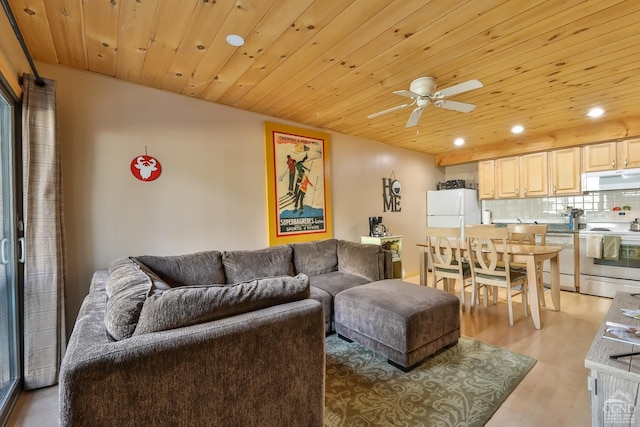 92 Highlands Ln Unit A8, Hunter, NY 12442 - living area featuring recessed lighting, light wood finished floors, wooden ceiling, and a ceiling fan