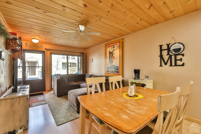 92 Highlands Ln Unit A8, Hunter, NY 12442 - dining area with wood ceiling, ceiling fan, and light wood finished floors