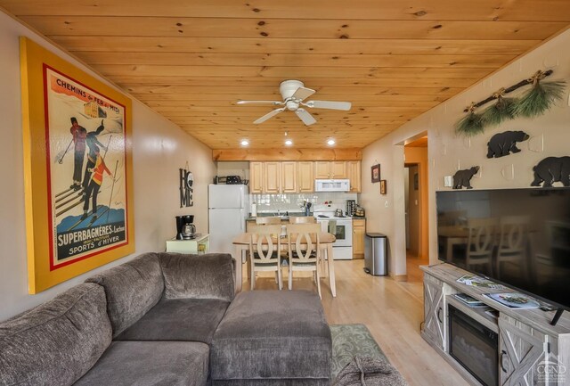 92 Highlands Ln Unit A8, Hunter, NY 12442 - living area featuring wooden ceiling, light wood-style floors, and ceiling fan