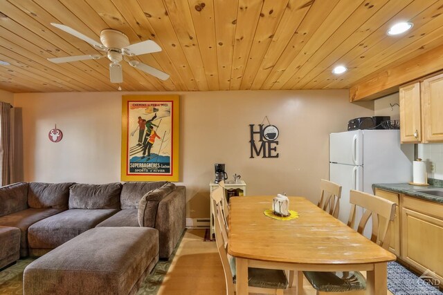 92 Highlands Ln Unit A8, Hunter, NY 12442 - dining space with recessed lighting, ceiling fan, wooden ceiling, wood finished floors, and a baseboard radiator