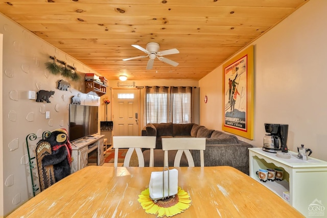 92 Highlands Ln Unit A8, Hunter, NY 12442 - dining area with wooden ceiling and a ceiling fan