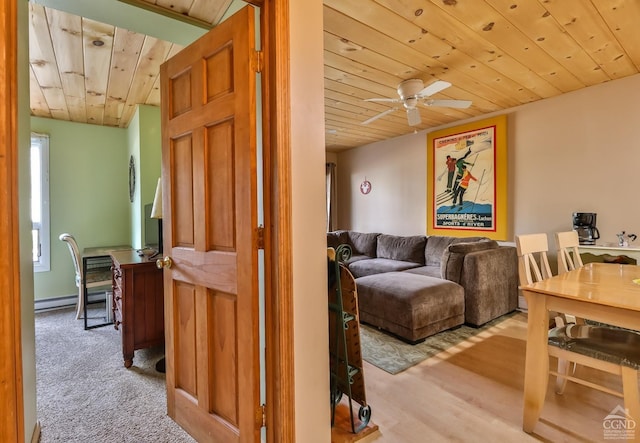 92 Highlands Ln Unit A8, Hunter, NY 12442 - living area with wood ceiling, ceiling fan, baseboard heating, and wood finished floors