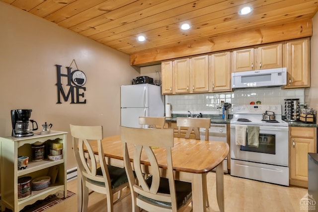 92 Highlands Ln Unit A8, Hunter, NY 12442 - kitchen featuring white appliances, recessed lighting, dark countertops, decorative backsplash, and wood ceiling
