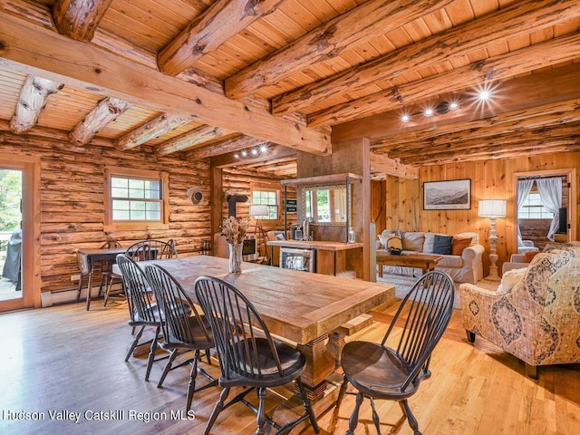 dining space with beam ceiling, light wood-type flooring, baseboard heating, and wood ceiling