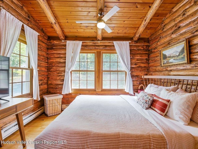 unfurnished bedroom featuring multiple windows, vaulted ceiling with beams, a baseboard heating unit, and light wood-type flooring