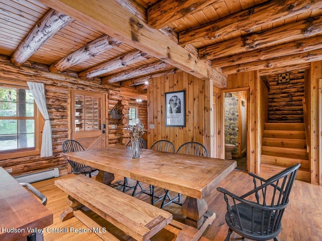 dining room with wood ceiling, log walls, and light hardwood / wood-style flooring