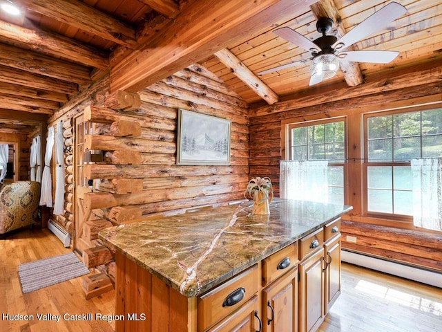 kitchen featuring wooden ceiling, light hardwood / wood-style floors, and dark stone counters