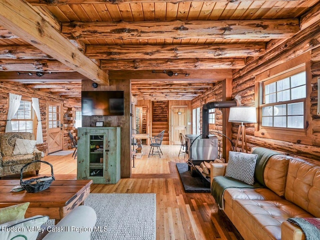 living room featuring plenty of natural light, a wood stove, wood ceiling, and light hardwood / wood-style flooring