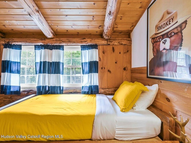 unfurnished bedroom featuring wood walls, beamed ceiling, and wood ceiling