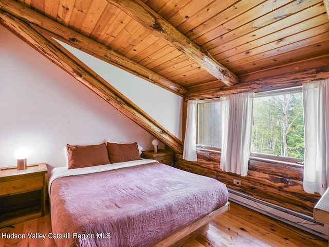 bedroom with beam ceiling, wooden ceiling, wood-type flooring, and a baseboard radiator